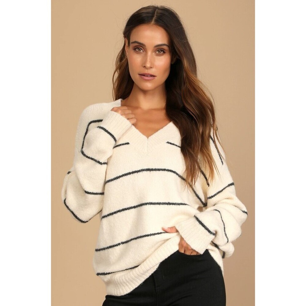 Lulus x LUSH Get A Little Cozier Cream Striped Knit Oversized Sweater Beige